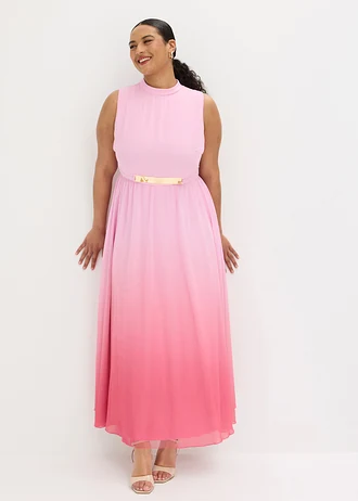 Robe longue en mousseline à col montant et accessoire, Couleur: rose imprimé