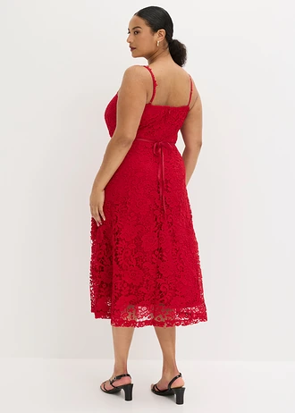 Kanten jurk met decoratieve bandjes, Kleur: donkerrood