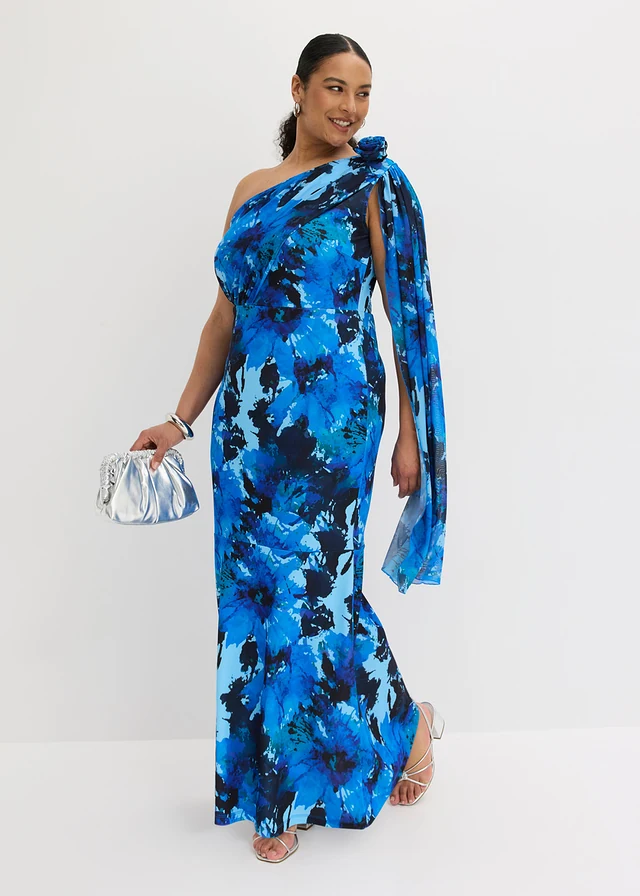 Robe de soirée une épaule avec application de fleur, Couleur: bleu floral