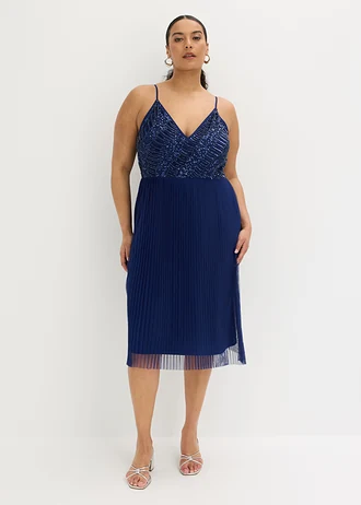 Robe midi à jupe plissée et sequins brodés, Couleur: bleu nuit