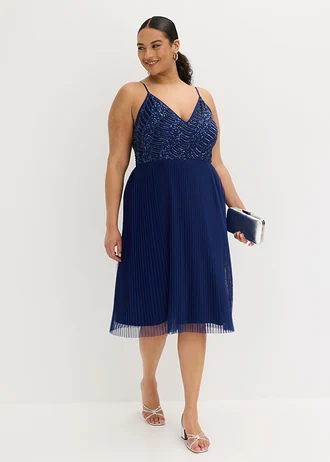 Robe midi à jupe plissée et sequins brodés, Couleur: bleu nuit