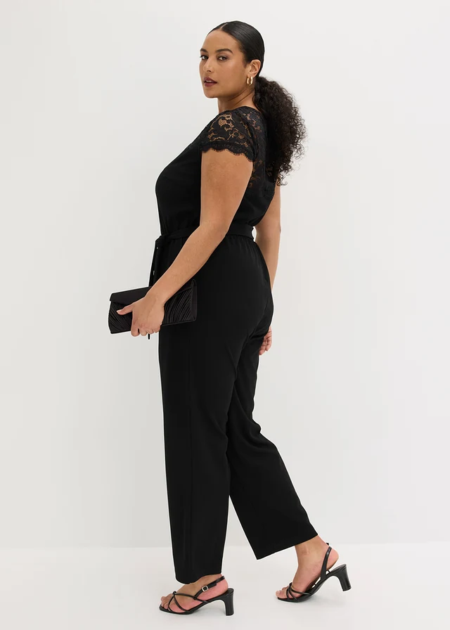 Jumpsuit van fijn jersey met kant, Kleur: zwart