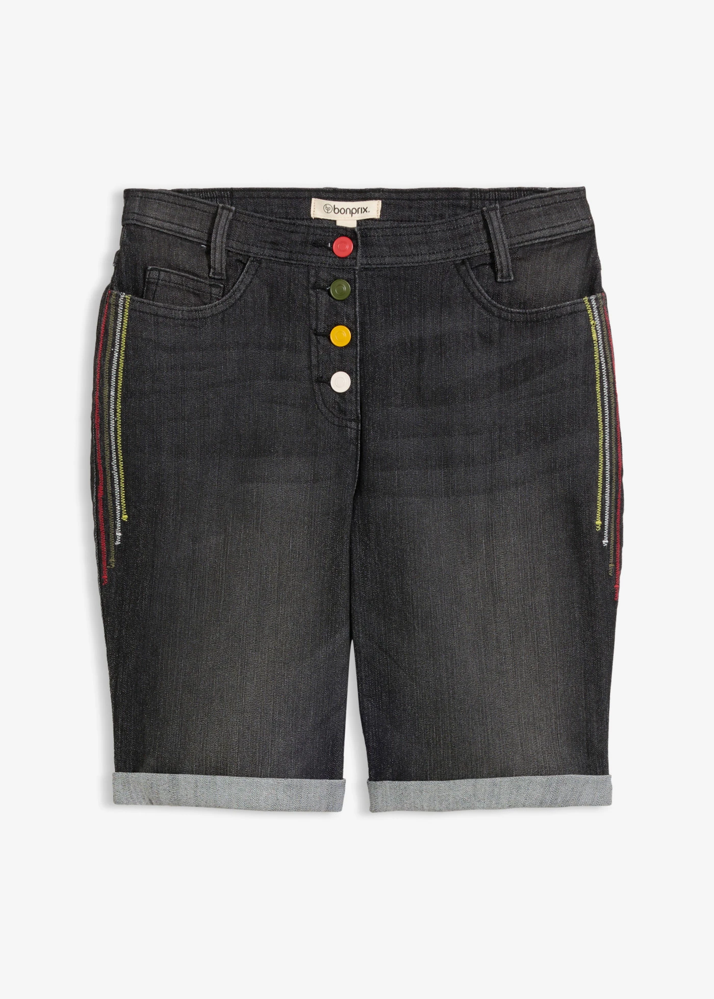Bermudy jeansowe mid waist, z haftem i wygodnym pasem • czarny denim "used" • sklep bonprix