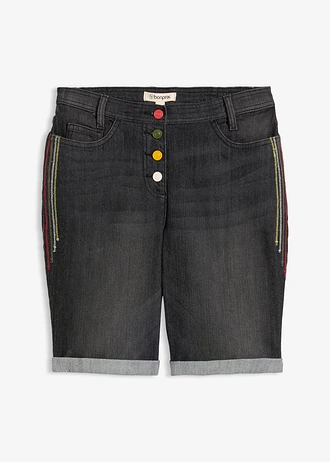 Bermuda en jean avec broderie, taille mi-haute élastiquée, Couleur: bleu denim