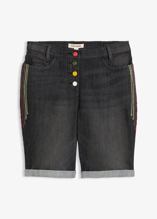 Bermudy jeansowe mid waist, z haftem i wygodnym pasem • czarny denim "used" • sklep bonprix