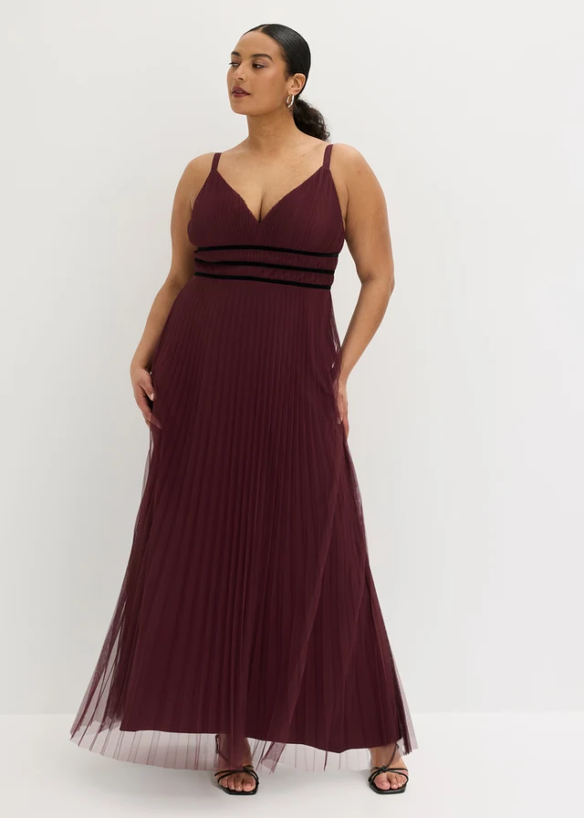Avondjurk van zachte tule met plissé, Kleur: bordeaux