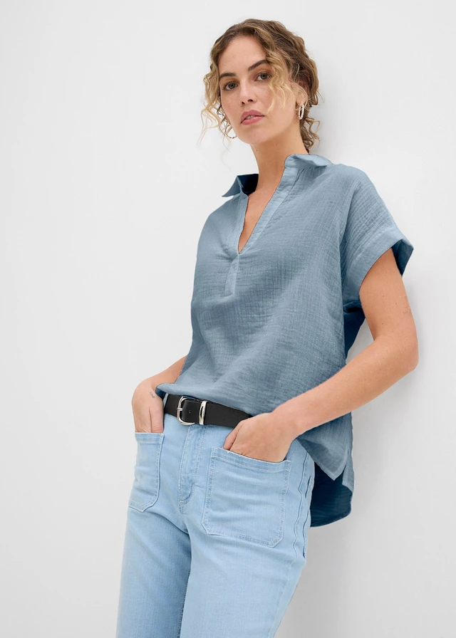 Blouse met korte mouwen van luchtige mousseline • rookblauw • product-page.page-title-suffix