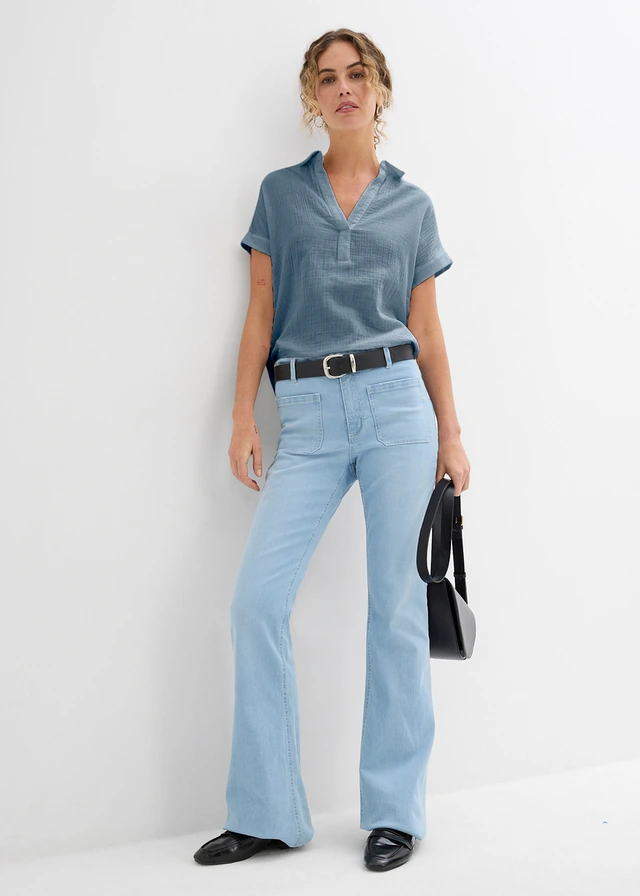 Blouse met korte mouwen van luchtige mousseline • rookblauw • product-page.page-title-suffix