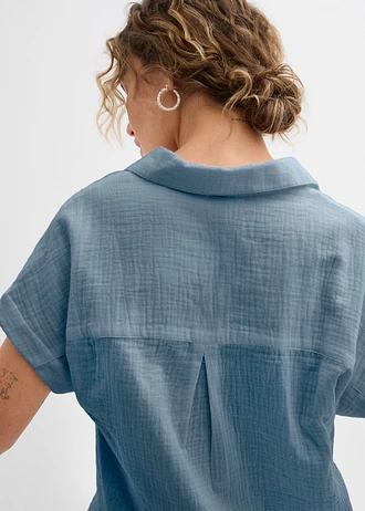 Blouse met korte mouwen van luchtige mousseline, Kleur: rookblauw