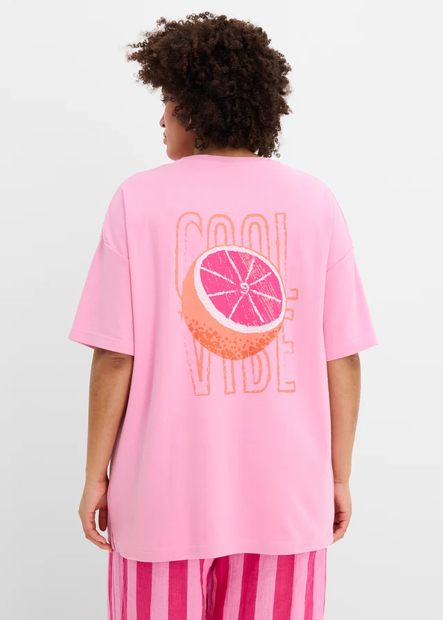 Oversized shirt van puur biologisch katoen, Kleur: roze-feloranje met print