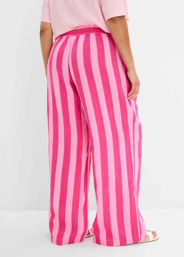 Pantalon taille élastiquée en gaze de coton, Couleur: rose-fuchsia rayé