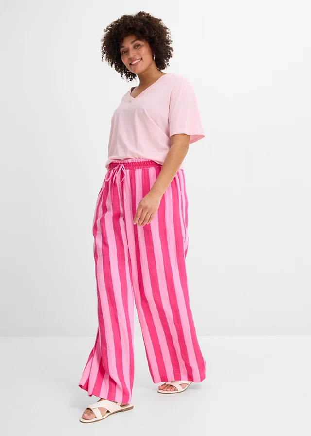 Broek van luchtige mousseline, Kleur: roze-pinklady verticaal gestreept