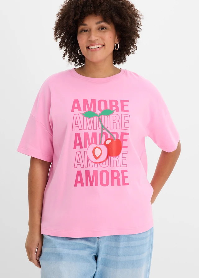 Oversized shirt van puur biologisch katoen, Kleur: roze met print