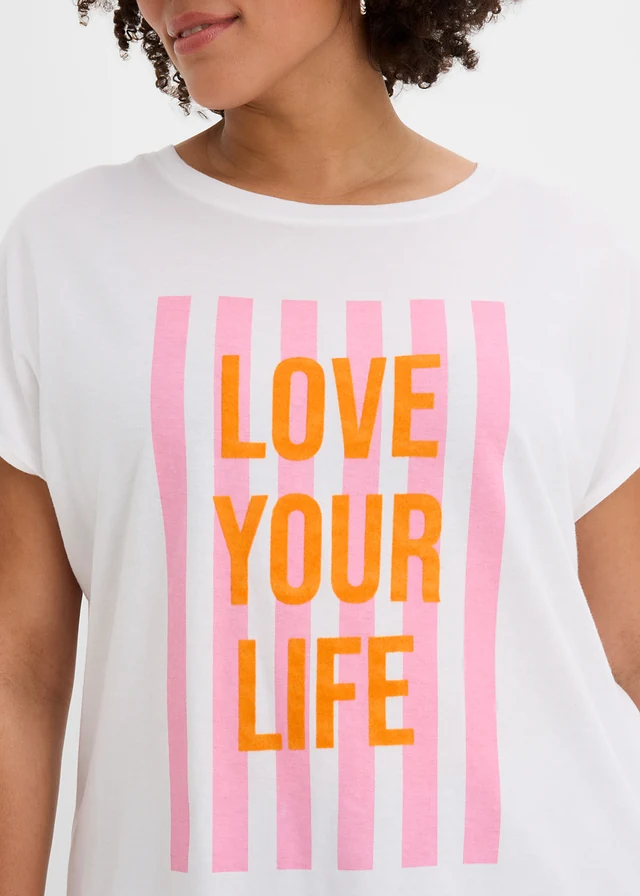 Tricou din bumbac organic 100% • alb-roz-oranj fluorescent cu imprimeu plus size • magazin bonprix