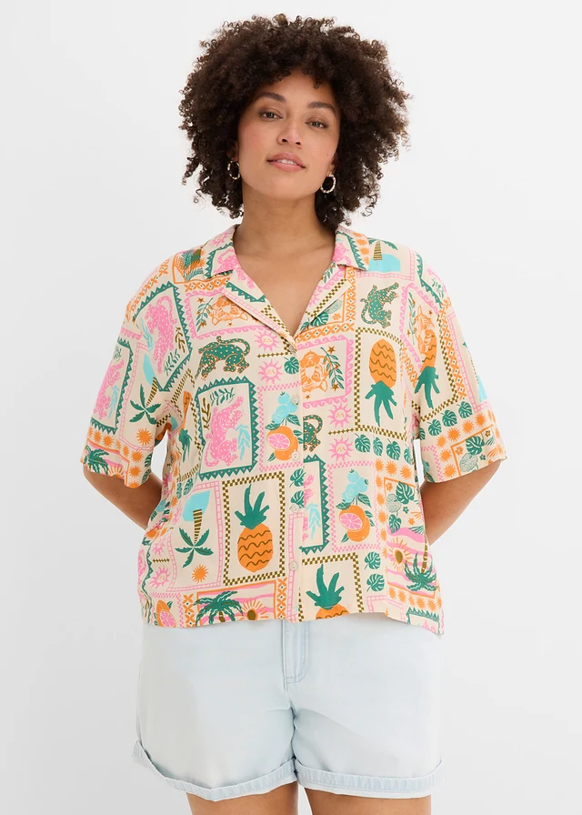 Overhemdblouse van soepele viscose, Kleur: kiezelbeige met print