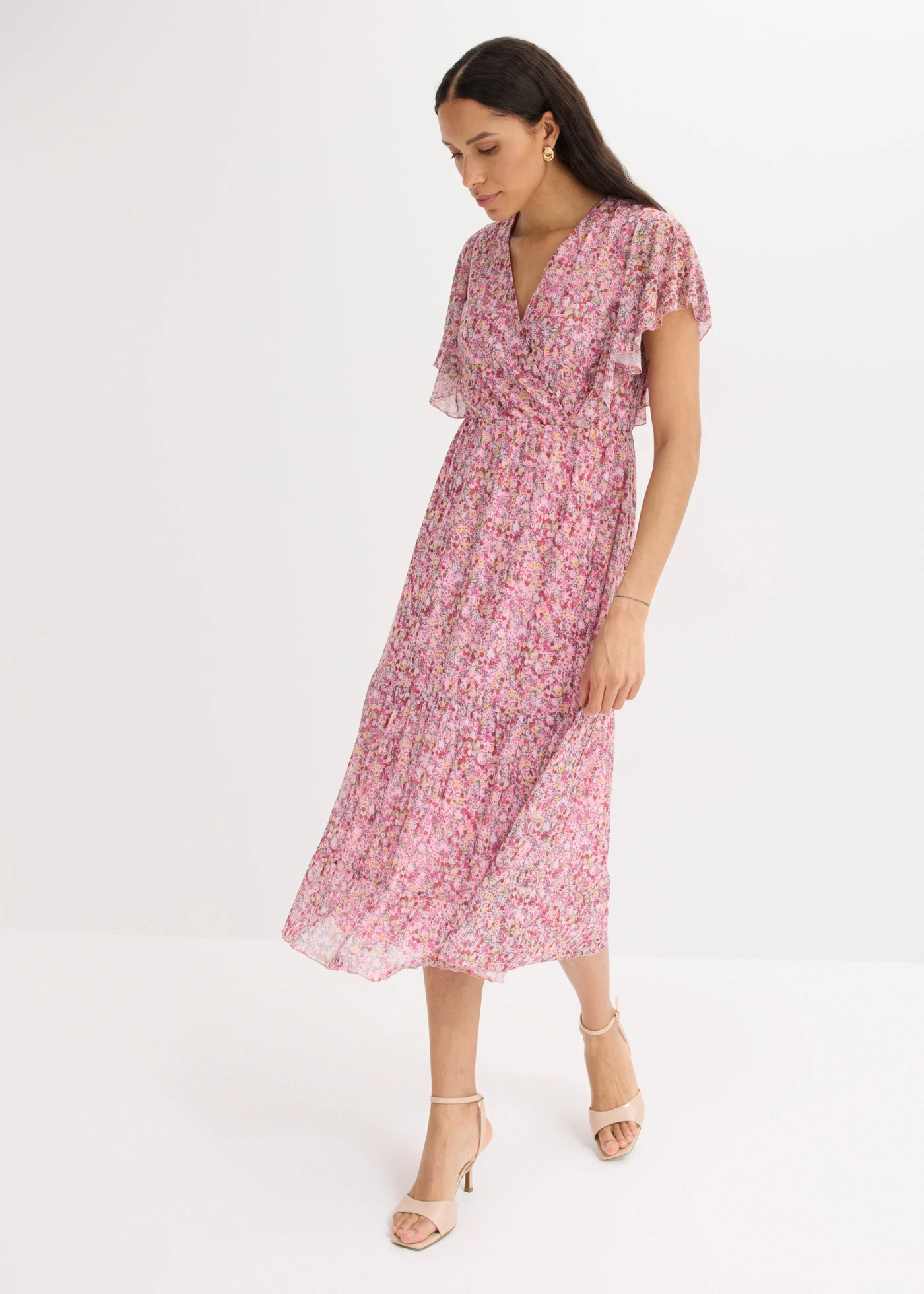 Rochie midi din material mesh moale • roz pal floral • magazin bonprix