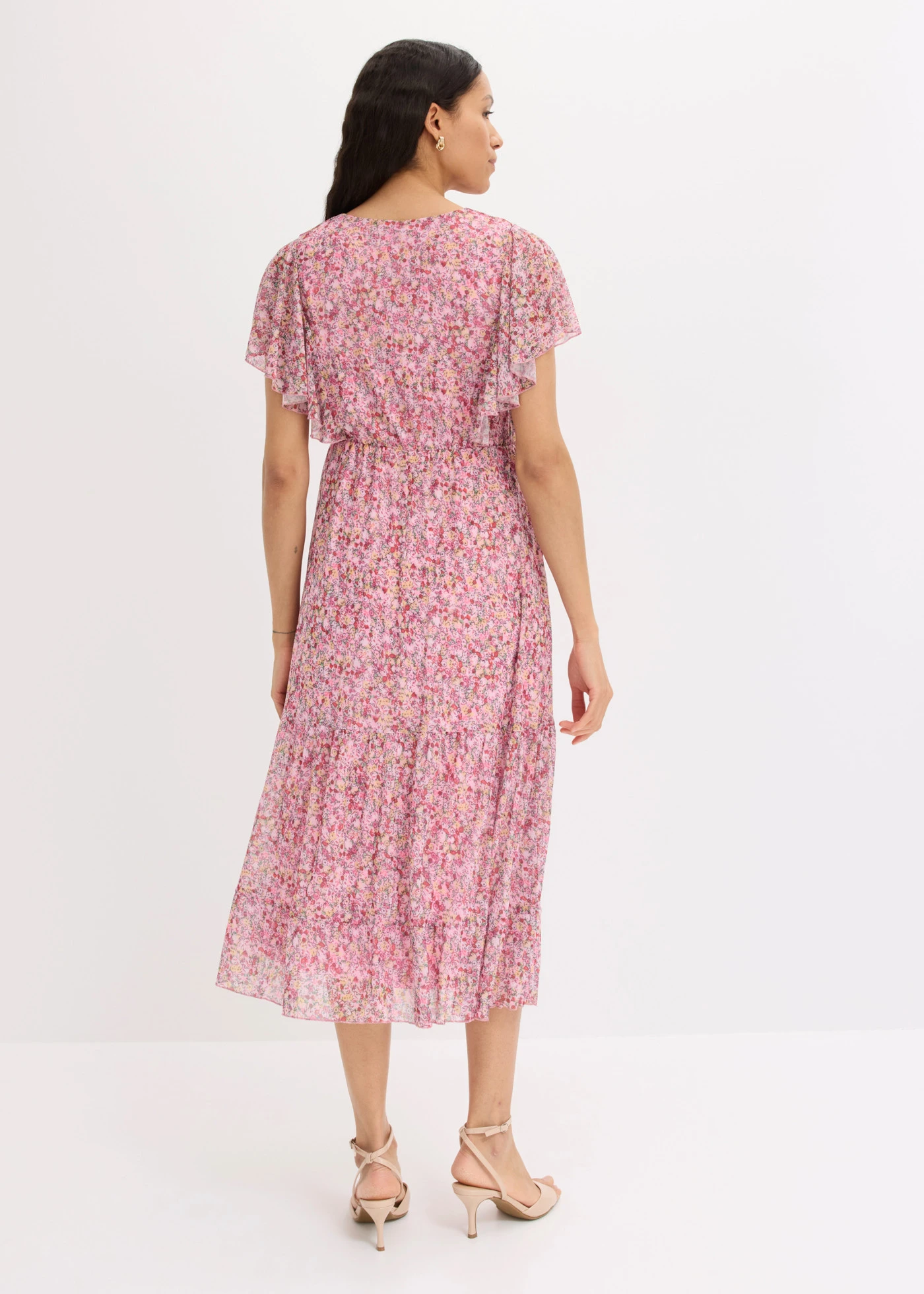 Rochie midi din material mesh moale • roz pal floral • magazin bonprix