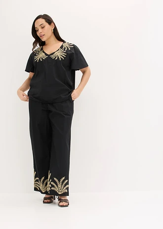 Pantalon palazzo à broderie, Couleur: noir + sable clair