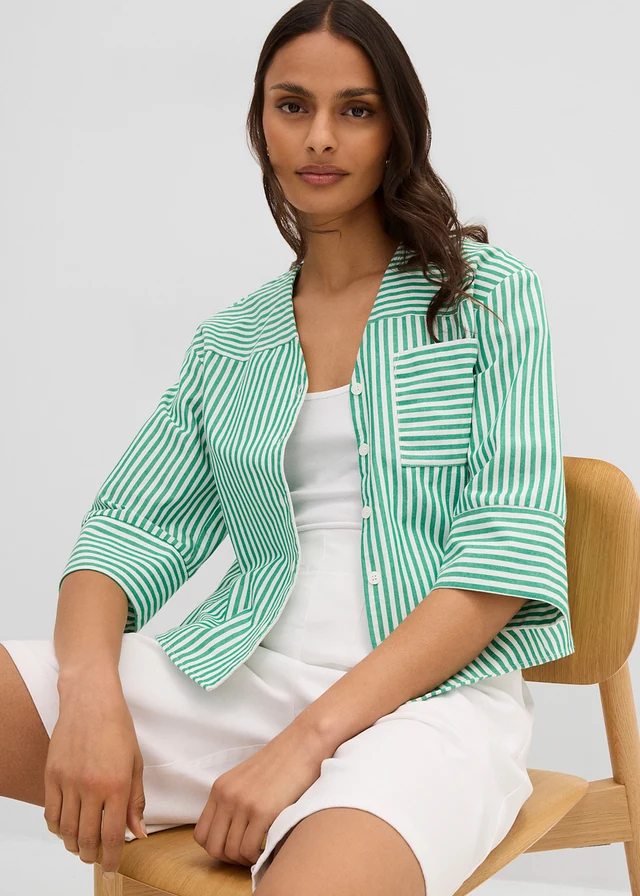 Bluză cu dungi din bumbac 100% • verde-nestemată/ecru cu dungi • magazin bonprix