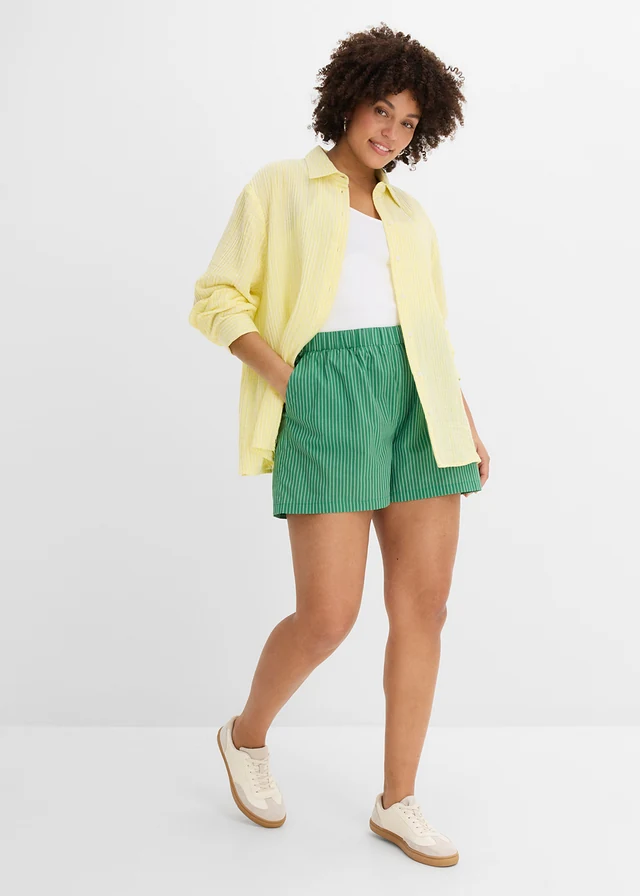 Short 100% coton avec taille élastiquée, Couleur: vert-blanc rayé