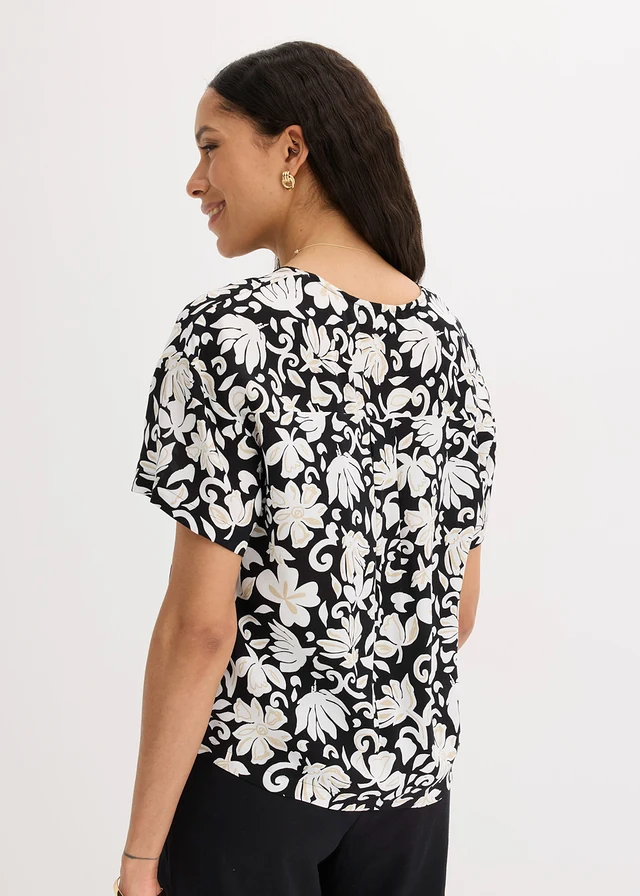 Halenka s krátkým rukávem, ze splývavé viskózy • černo-světle písková s potiskem • bonprix obchod