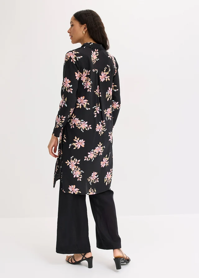Bluză lungă din material cu viscoză fluidă • negru floral • magazin bonprix