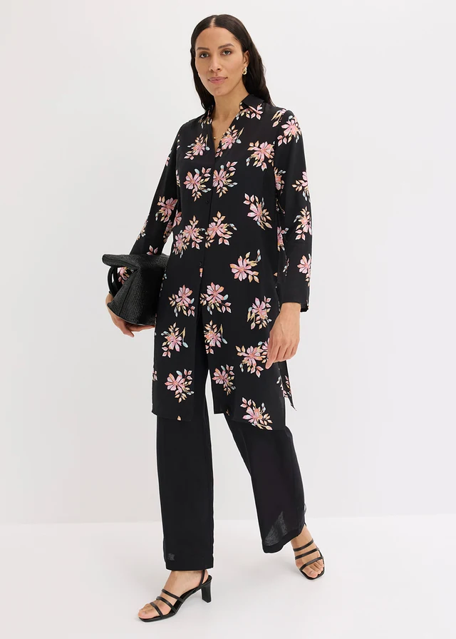Lange blouse van soepele viscose, Kleur: zwart gebloemd