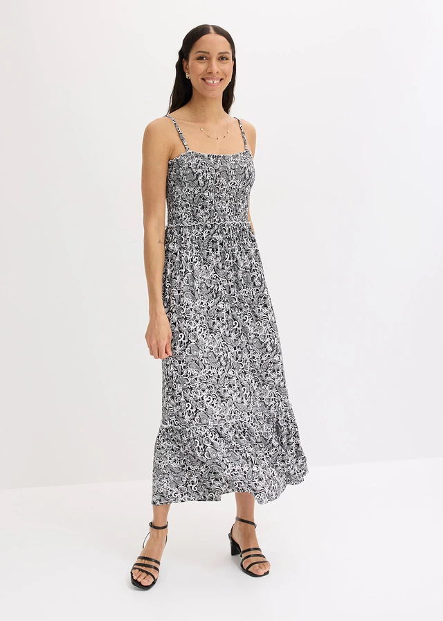 Robe à bretelles en viscose extensible, Couleur: noir-écru