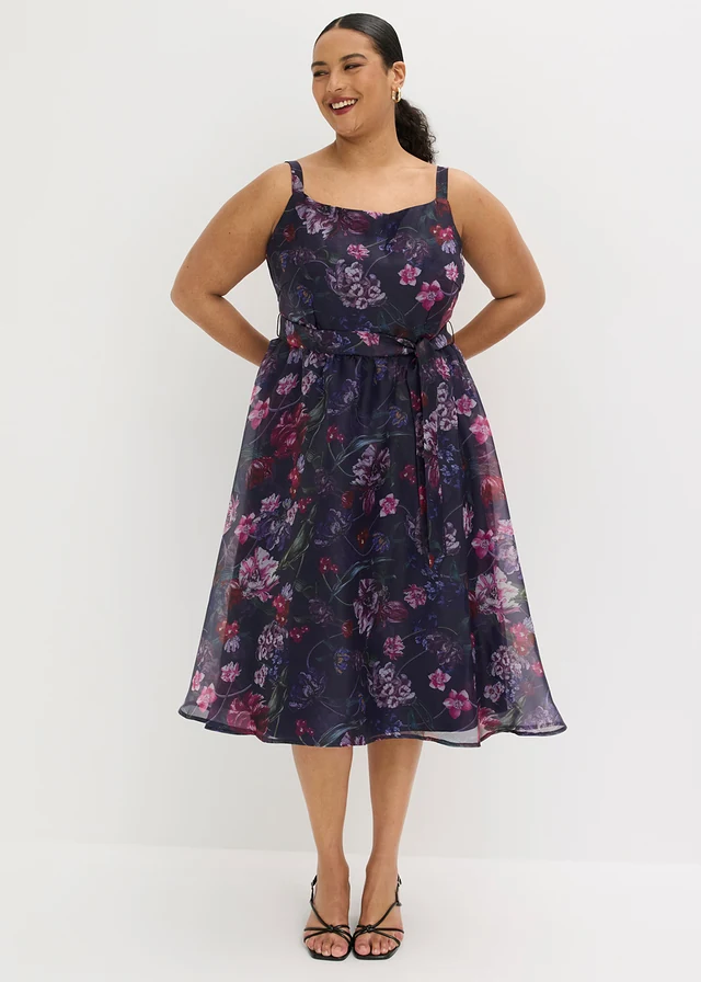 Midi jurk van zachte tule met strikkoord, Kleur: wit/pink gebloemd