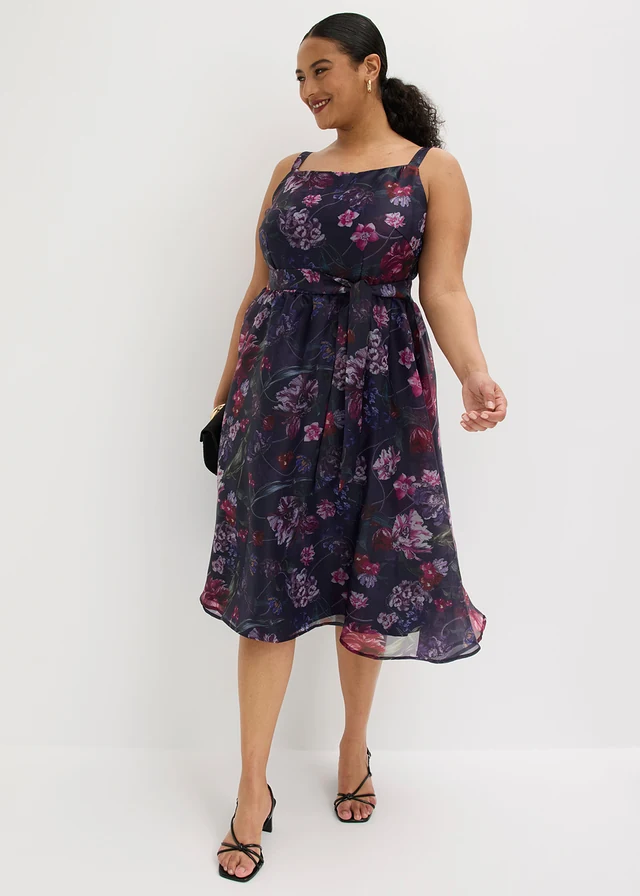 Midi jurk van zachte tule met strikkoord, Kleur: wit/pink gebloemd