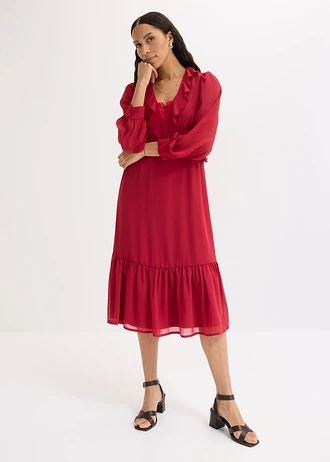 Rochie din șifon cu dantelă și volane • roșu-cireașă • magazin bonprix