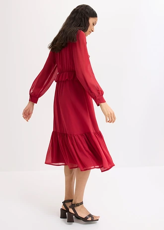 Chiffonjurk met kant en volants, Kleur: kersenrood