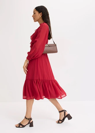 Robe en mousseline à dentelle et volants, Couleur: rouge cerise