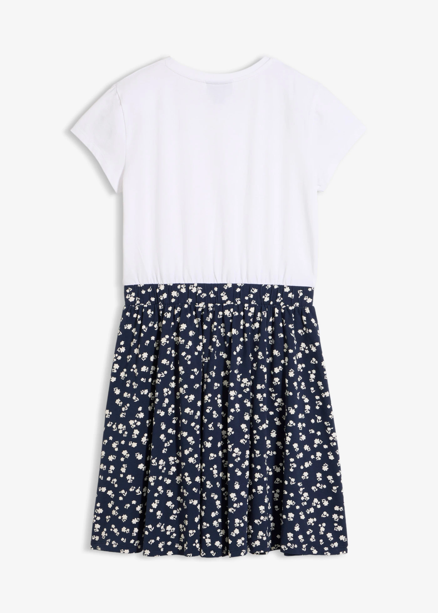 Rochie din jerse din amestec elastic de bumbac organic • alb-bleumarin cu flori • magazin bonprix