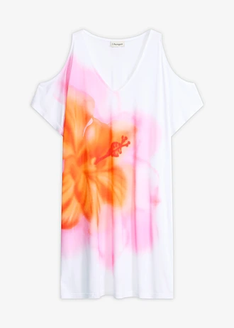 Robe de plage en viscose fluide, Couleur: blanc/rose floral