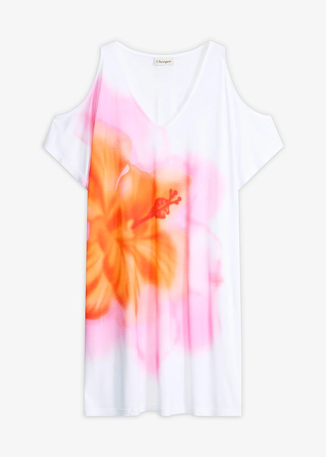 Robe de plage en viscose fluide, Couleur: blanc/rose floral