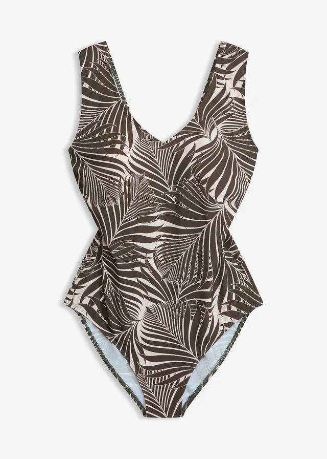 Costum de baie întreg cu efect de modelare ușor, cu bretele late, culoare: offwhite-oliv închis cu imprimeu