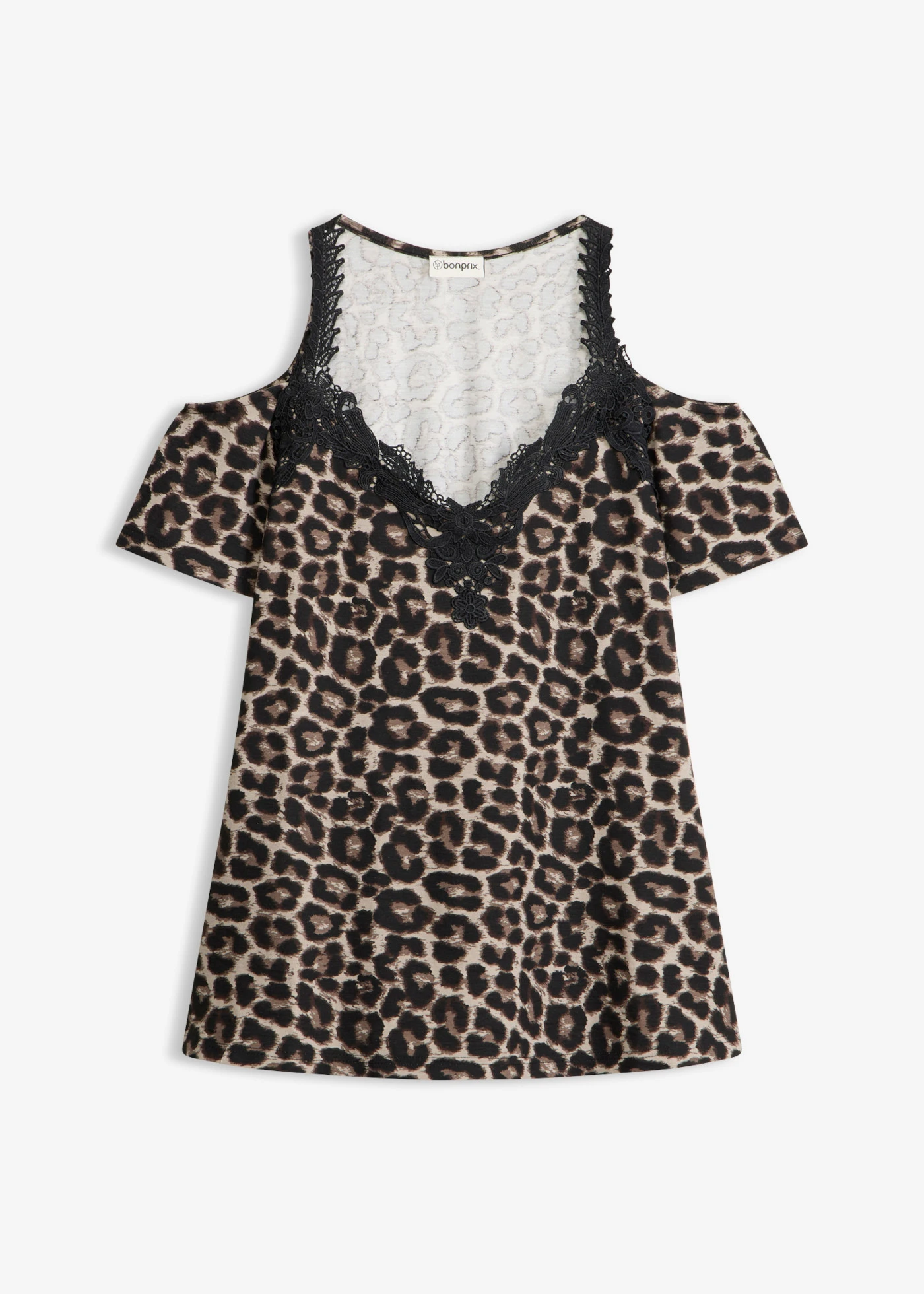 Bluză tricot cu umerii goi, cu dantelă • leo-negru • magazin bonprix
