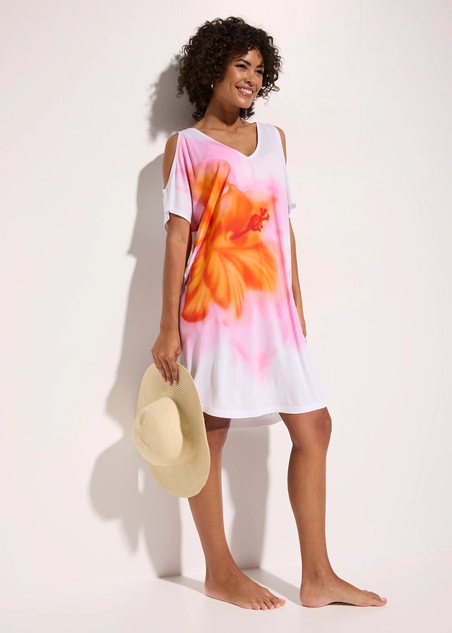 Rochie de plajă din viscoză fluidă, culoare: alb-pink floral