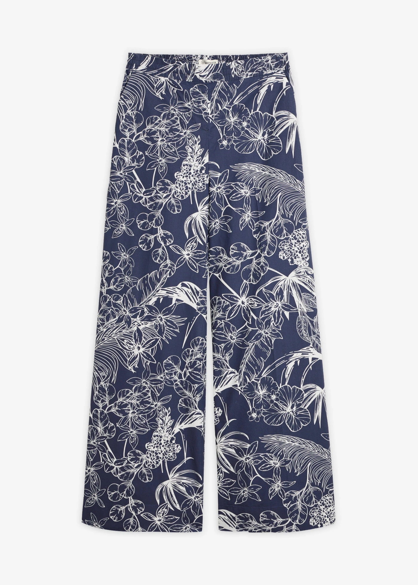 Pantaloni Marlene din bumbac 100% • bleumarin/ecru cu imprimeu • magazin bonprix