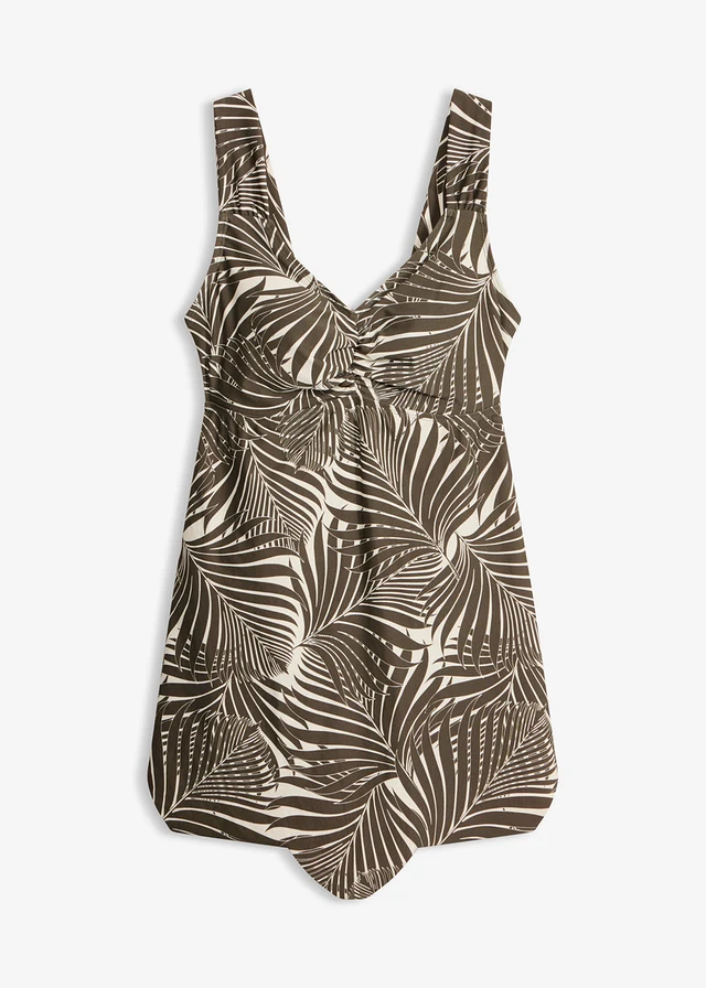 Koupací šaty s integrovanými plavkami, barva: krémově bílo-tmavě olivová s potiskem