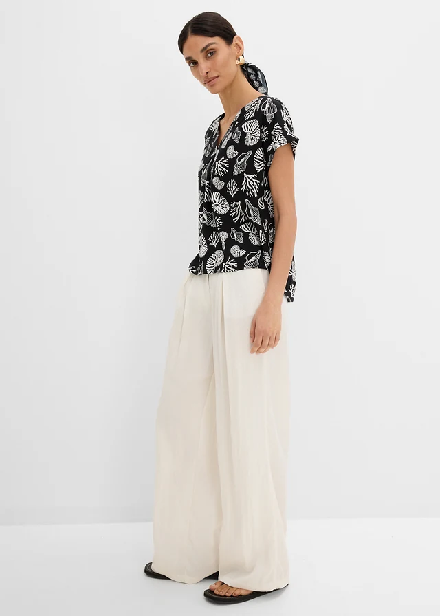 Blouse fluide à manches courtes, Couleur: noir/écru imprimé