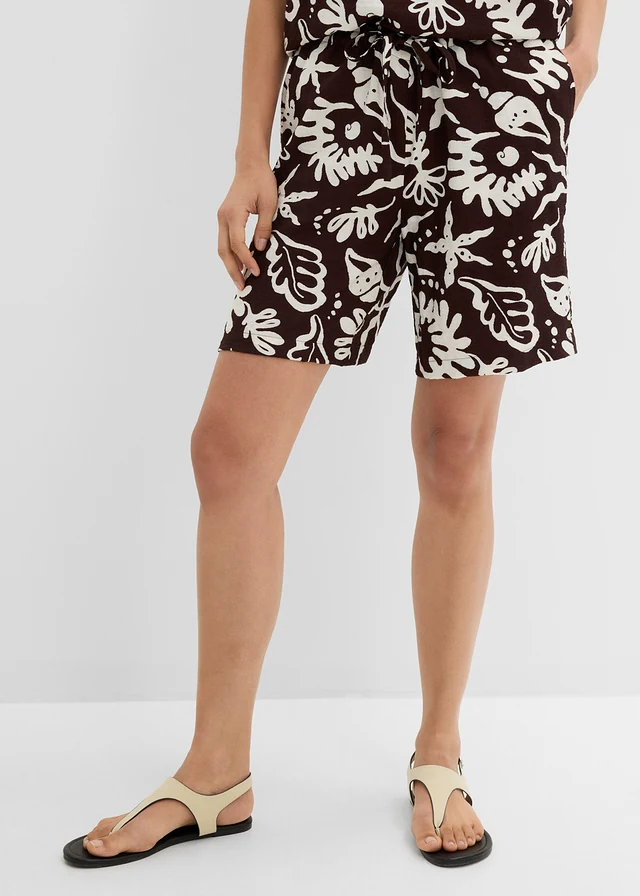 Bermuda met soepele viscose, Kleur: donkerbruin-wolwit met print