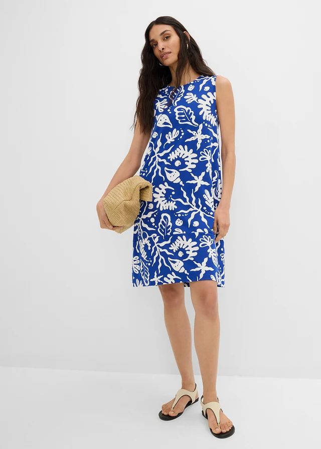 Robe en jersey, Couleur: bleu cobalt-écru imprimé