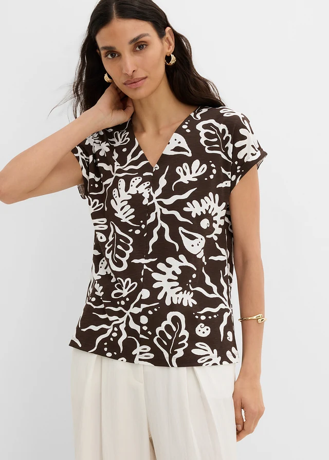 T-shirt z czystej bawełny organicznej, kolor: ciemnobrązowy-biel wełny z nadrukiem