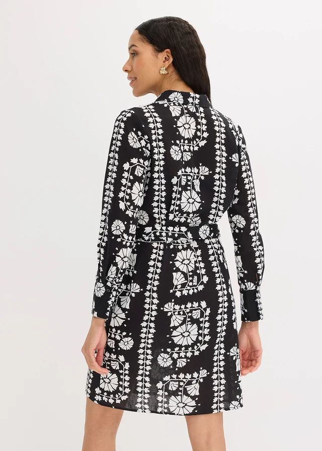 Rochie-cămașă cu aspect de in, culoare: negru-ecru floral