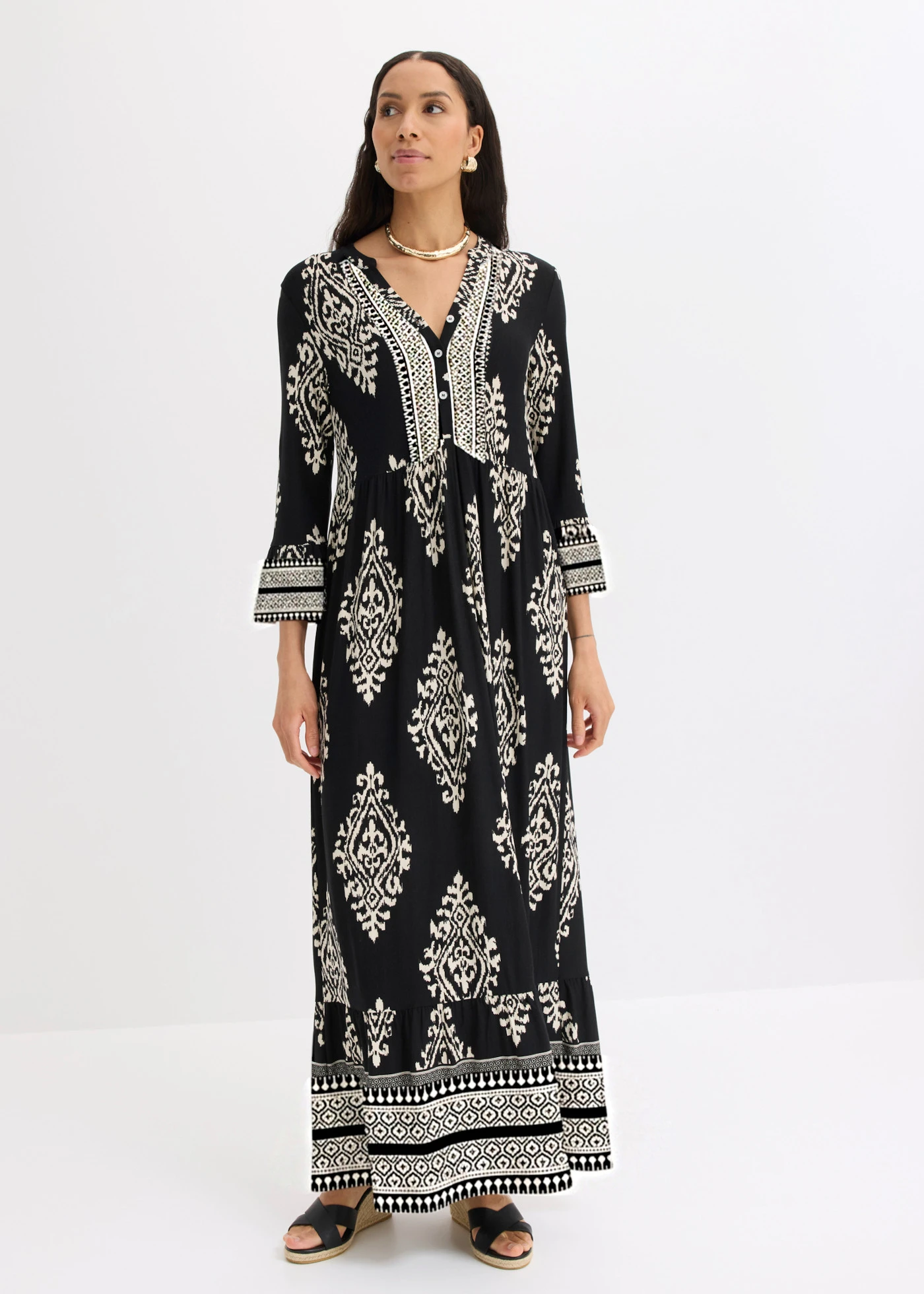 Rochie gen tunică din amestec moale de viscoză • negru-ecru cu imprimeu • magazin bonprix