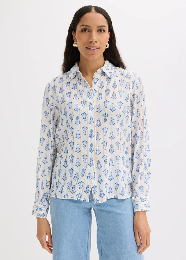 Blúzka zo štruktúrovanej viskózy s lesklým efektom • biela/modrá potlačená • obchod bonprix