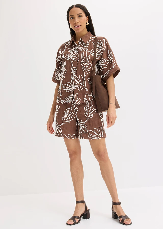 Short en coton brodé, Couleur: marron-blanc floral