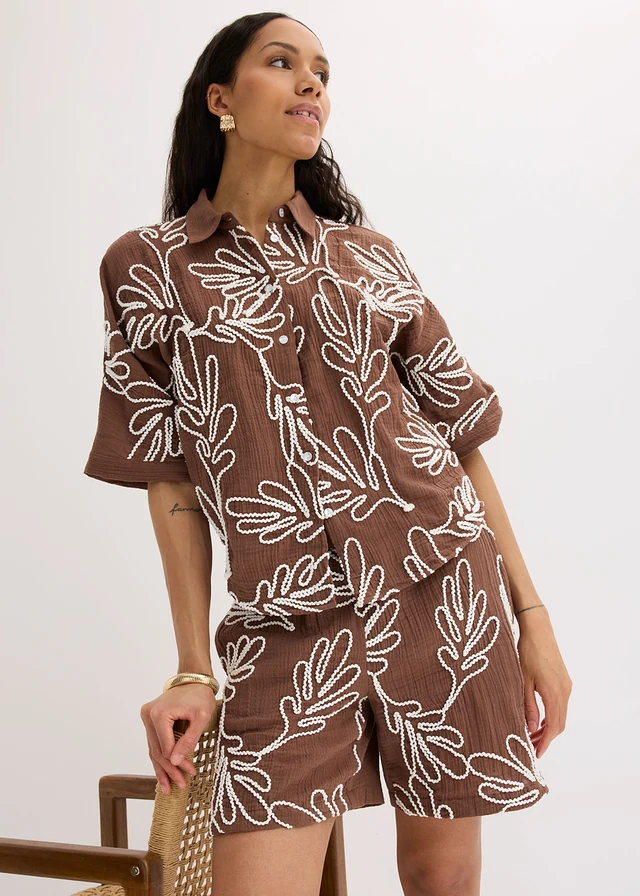 Short en coton brodé • marron-blanc floral • product-page.page-title-suffix